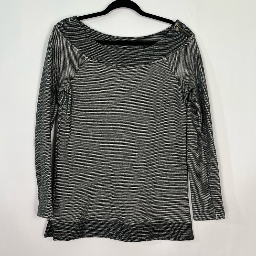 Ann Taylor Loft Black Ivory Cotton Tweed Boat Neck Sweater Decorative Zip Sz XS